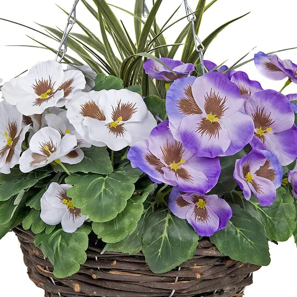 Artificial Purple White Pansies Round Hanging Plant Baskets 2 Pack - Rattan