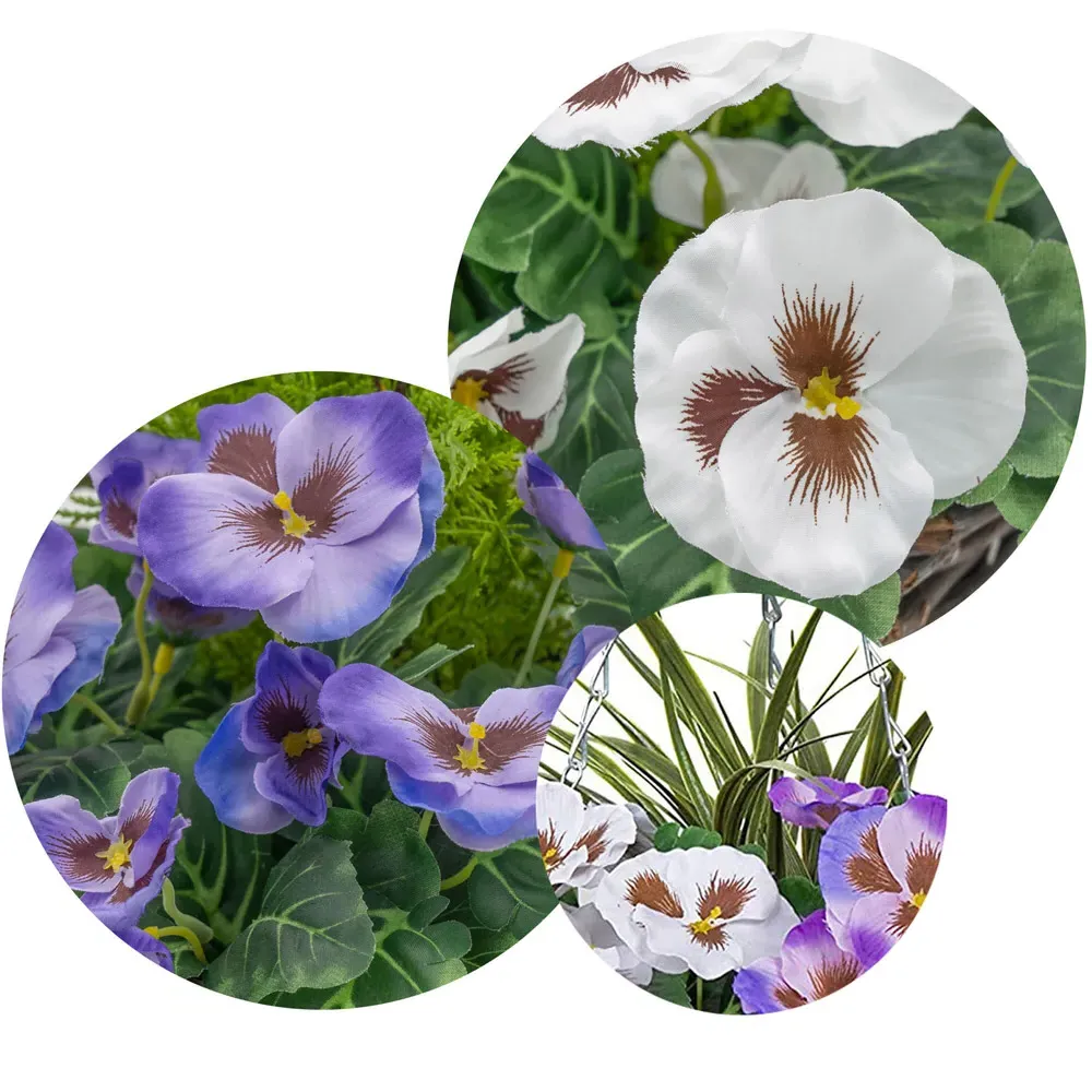 Artificial Purple White Pansies Round Hanging Plant Baskets 2 Pack - Rattan