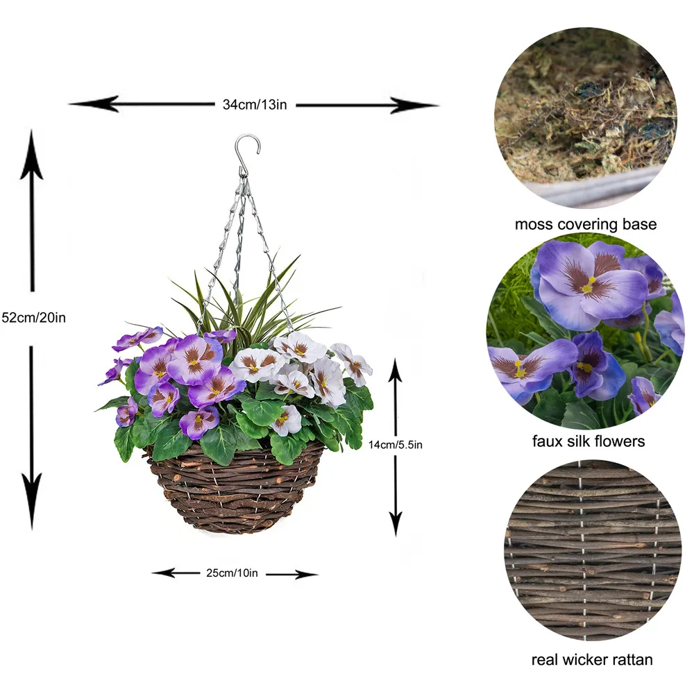 Artificial Purple White Pansies Round Hanging Plant Baskets 2 Pack - Rattan