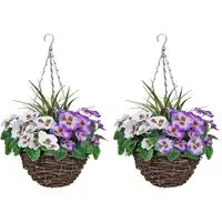 Artificial Purple White Pansies Round Hanging Plant Baskets 2 Pack - Rattan