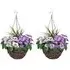 Artificial Purple White Pansies Round Hanging Plant Baskets 2 Pack - Rattan