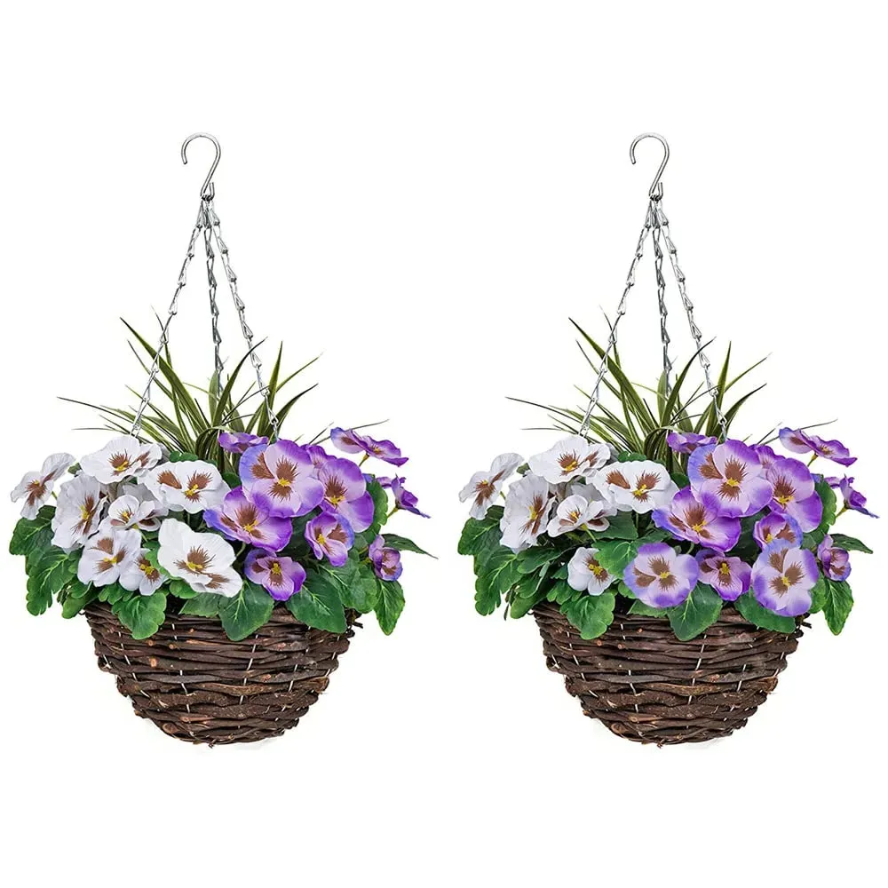 Artificial Purple White Pansies Round Hanging Plant Baskets 2 Pack - Rattan image