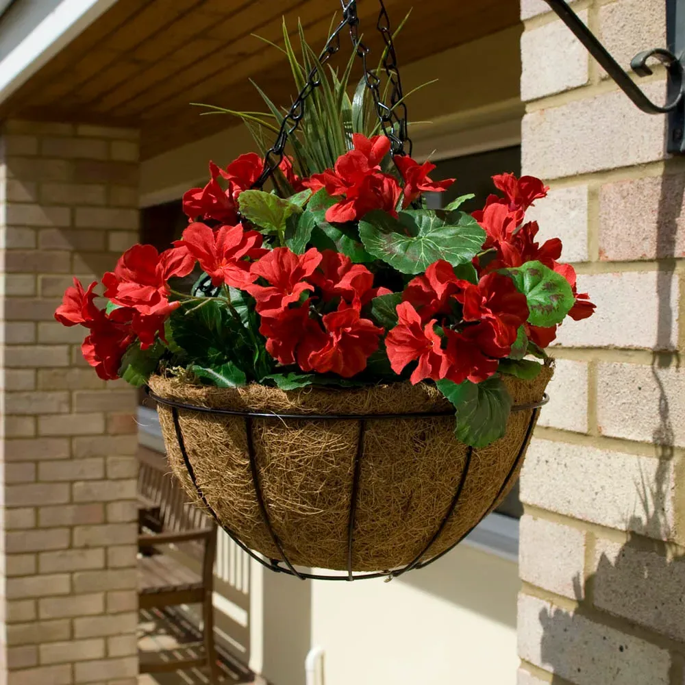 Artificial Red Geraniums Round Hanging Plant Baskets 2 Pack
