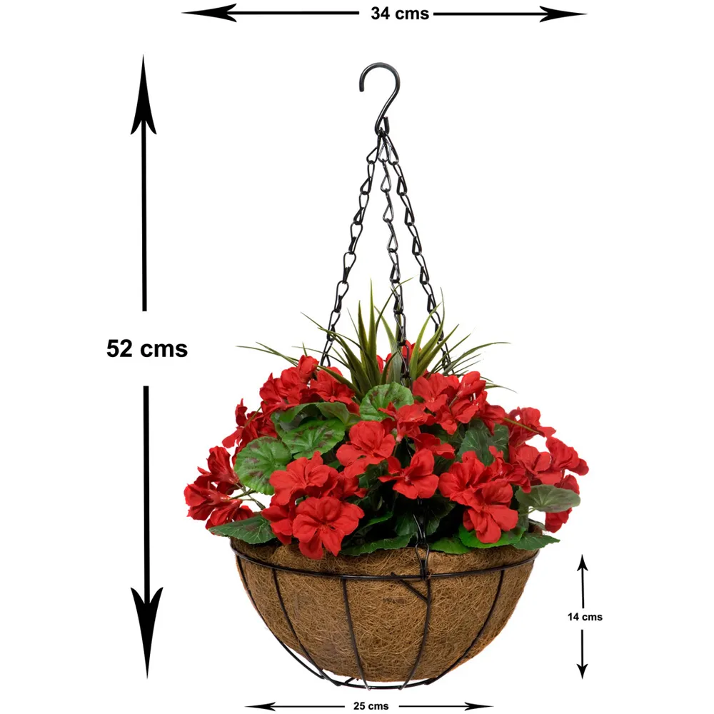 Artificial Red Geraniums Round Hanging Plant Baskets 2 Pack