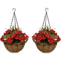 Artificial Red Geraniums Round Hanging Plant Baskets 2 Pack