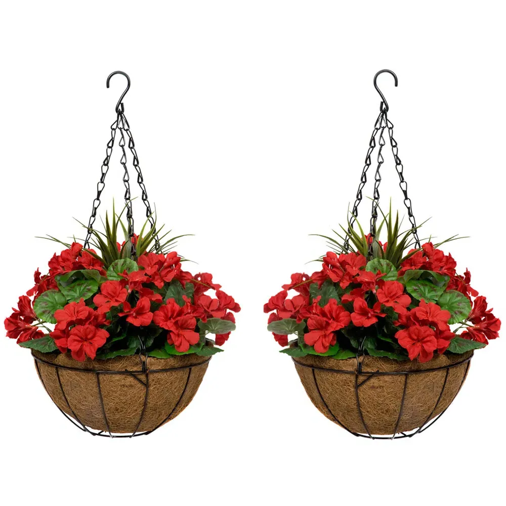 Artificial Red Geraniums Round Hanging Plant Baskets 2 Pack image