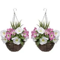 Artificial Round Hanging Plant Baskets 2 Pack - Pink, Rattan