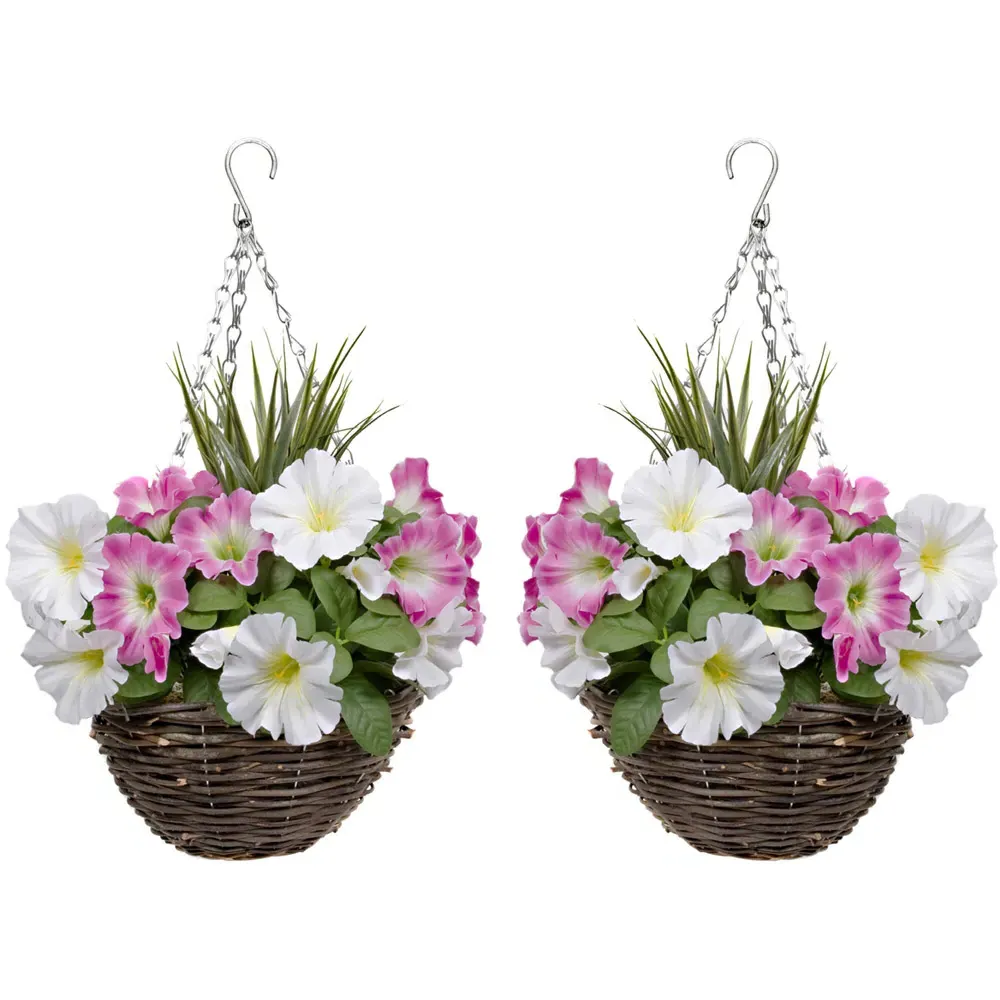 Artificial Round Hanging Plant Baskets 2 Pack - Pink, Rattan image