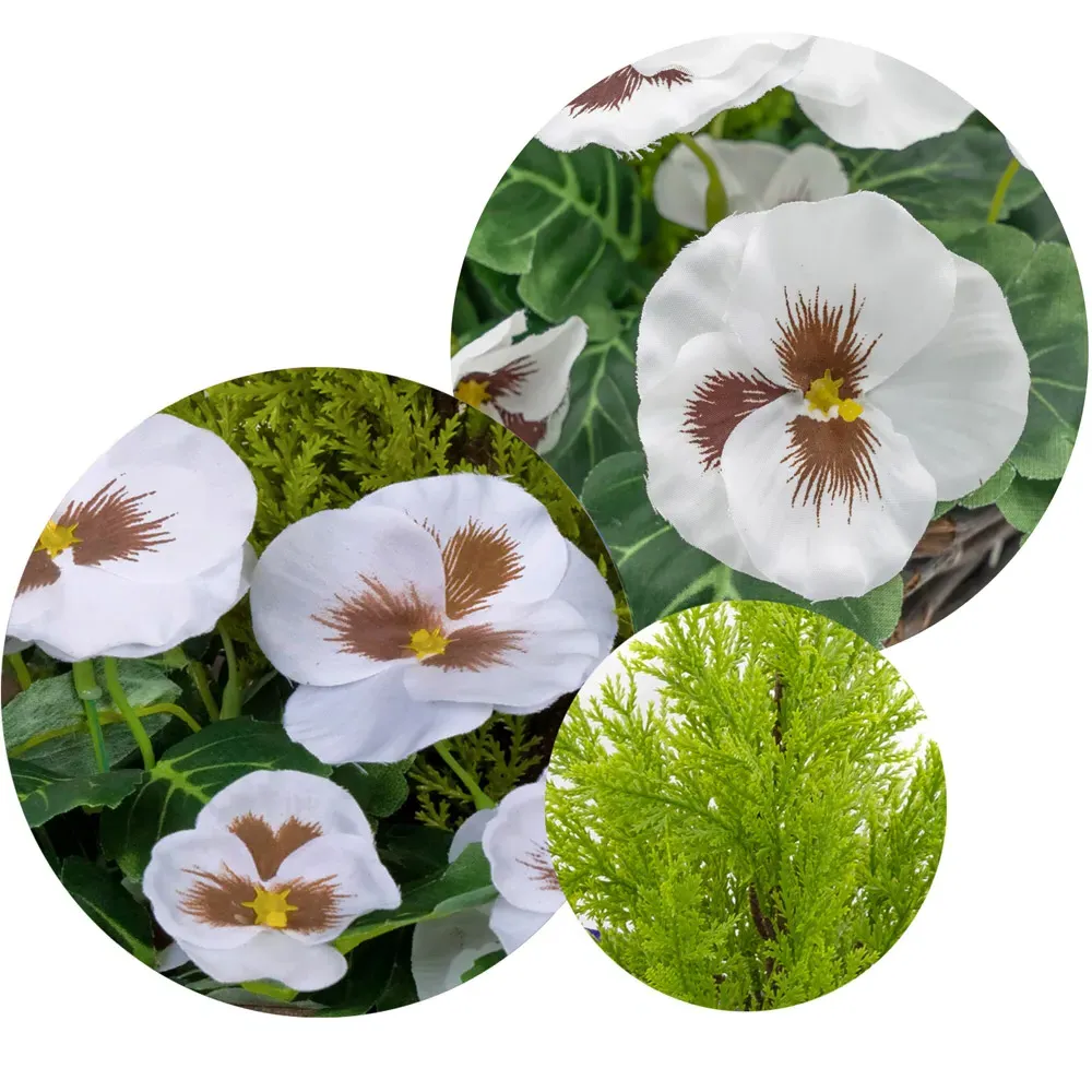 Artificial White Pansies Dark Rattan Planters 60cm 2 Pack