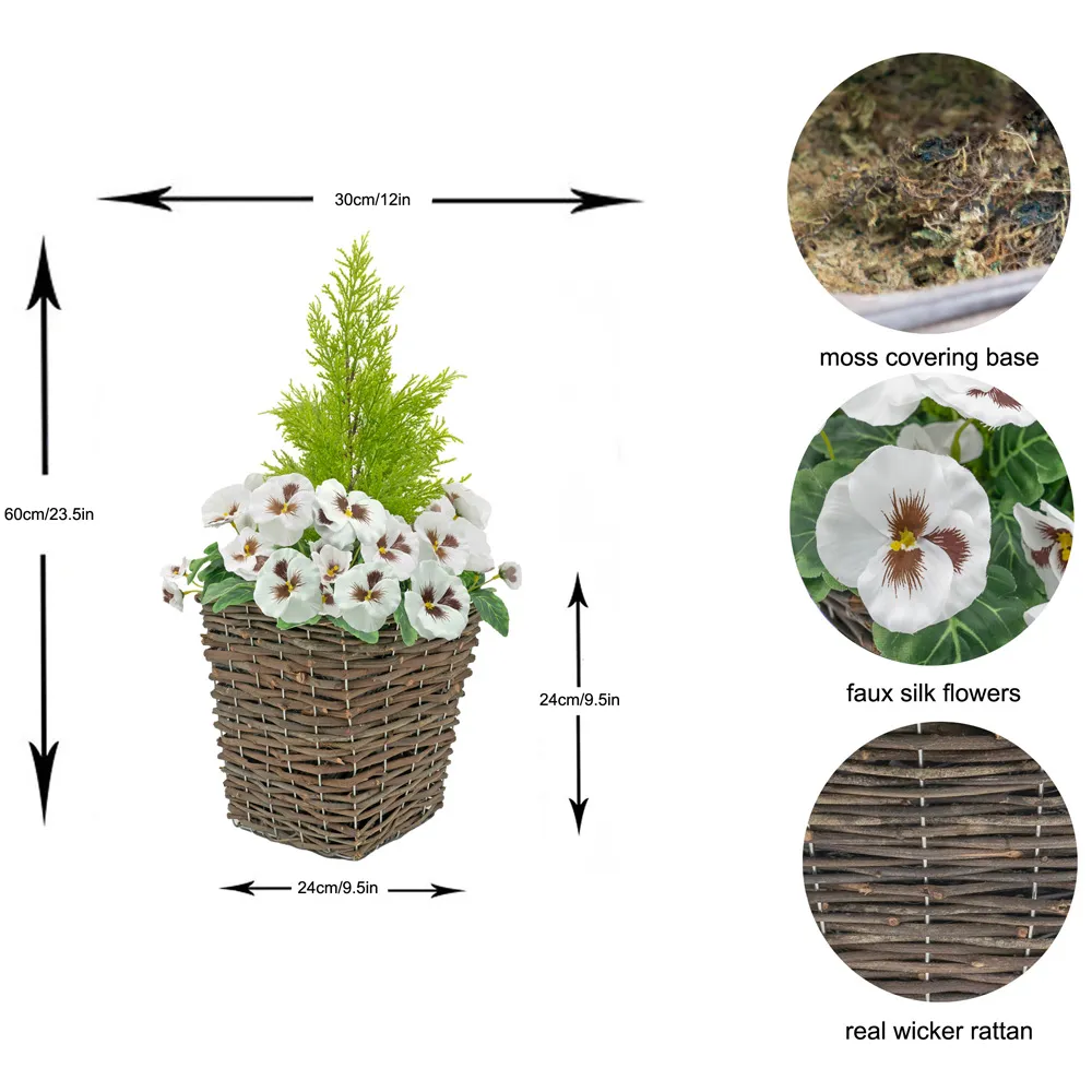 Artificial White Pansies Dark Rattan Planters 60cm 2 Pack