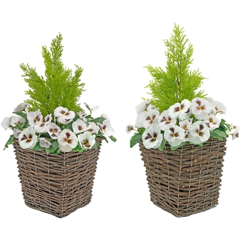 Artificial White Pansies Dark Rattan Planters 60cm 2 Pack image