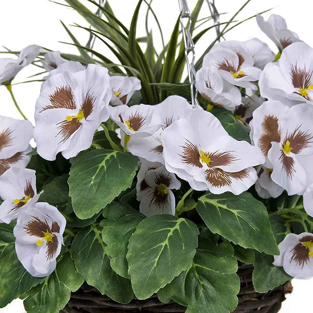 Artificial White Pansies Round Hanging Plant Baskets 2 Pack - Rattan