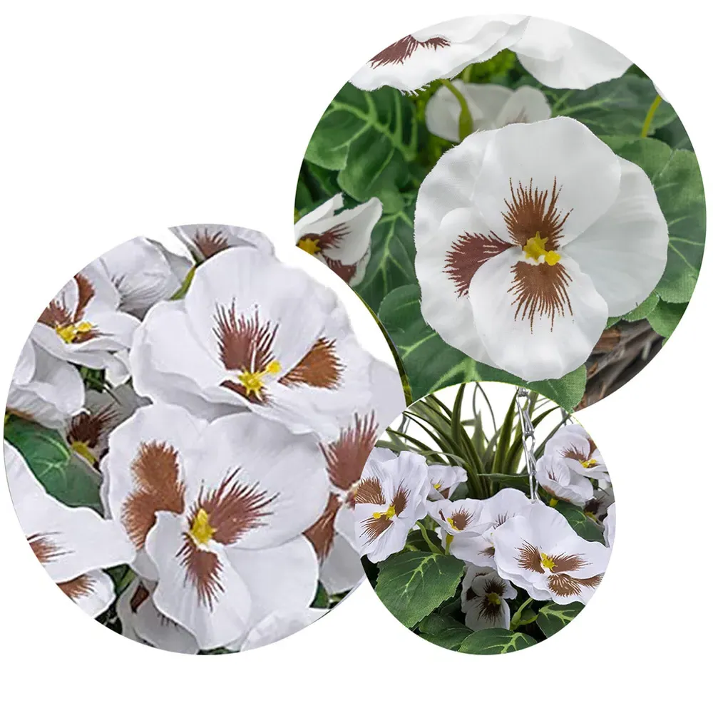Artificial White Pansies Round Hanging Plant Baskets 2 Pack - Rattan