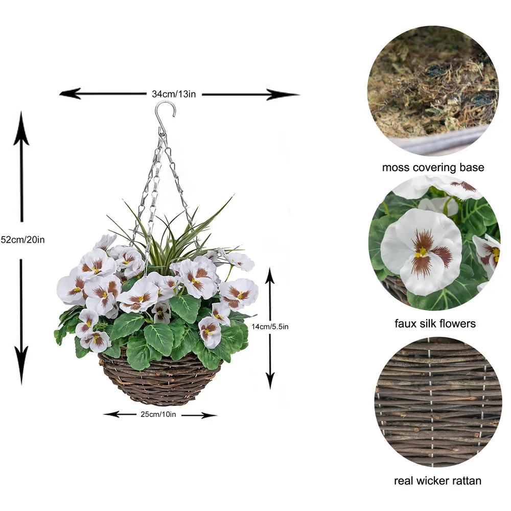 Artificial White Pansies Round Hanging Plant Baskets 2 Pack - Rattan