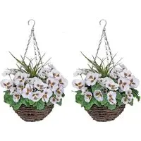 Artificial White Pansies Round Hanging Plant Baskets 2 Pack - Rattan