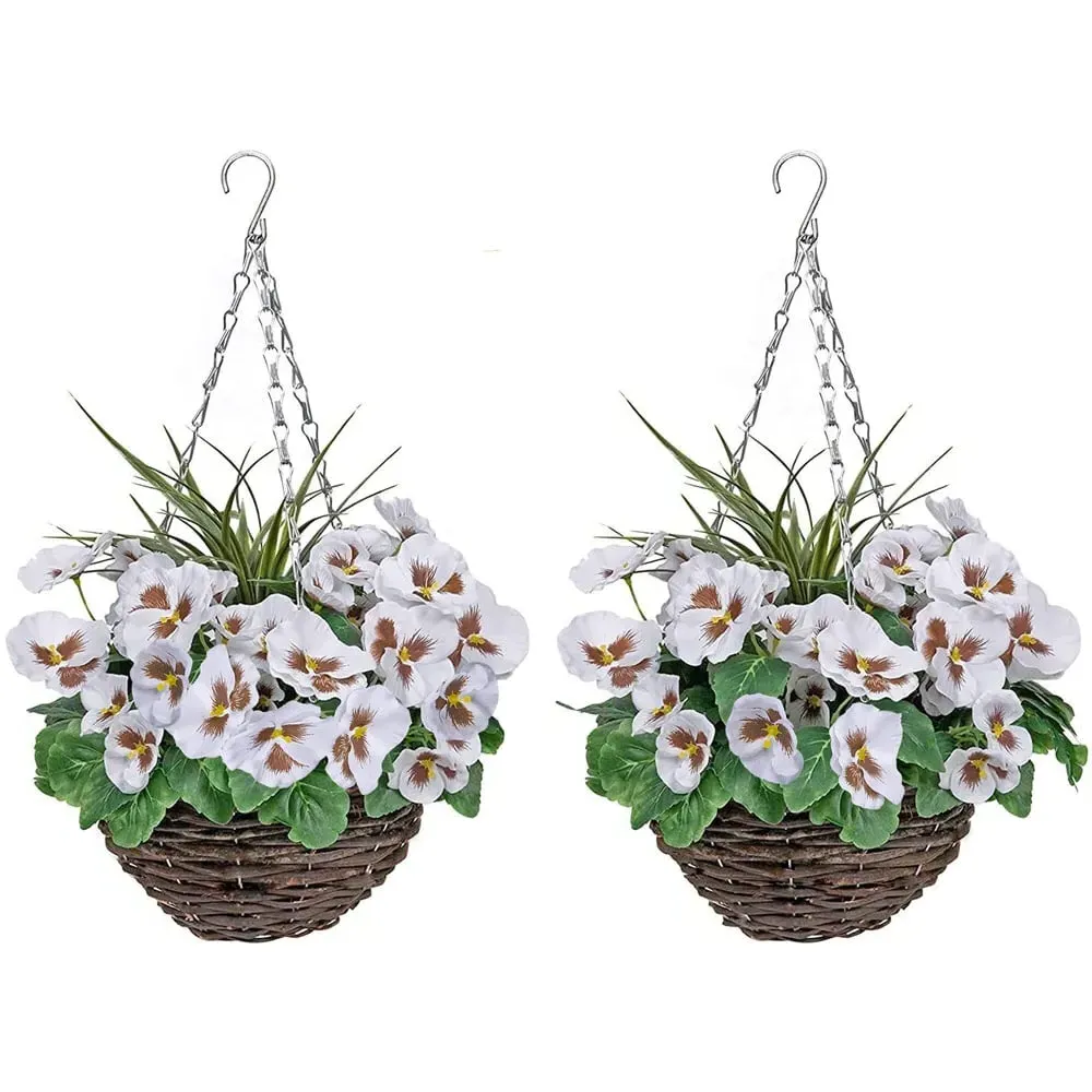 Artificial White Pansies Round Hanging Plant Baskets 2 Pack - Rattan