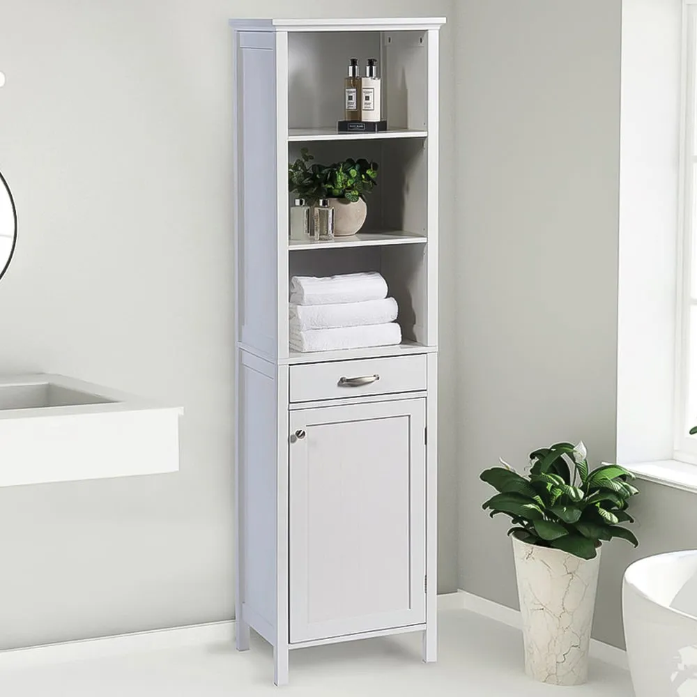Tall Storage Cabinet with Drawer - White
