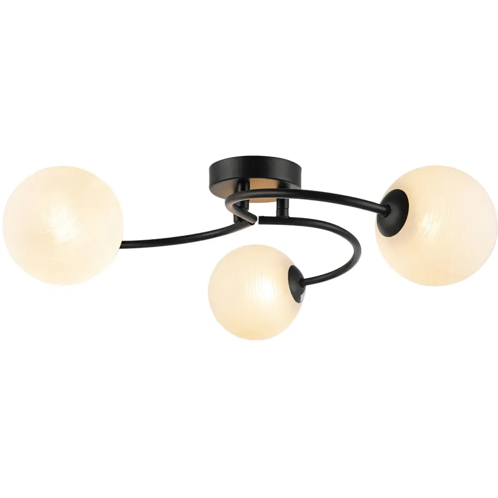 3 Arm Ceiling Light with Swirl Glass Spheres - Black