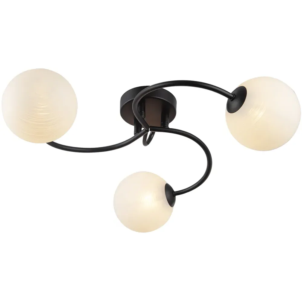 3 Arm Ceiling Light with Swirl Glass Spheres - Black
