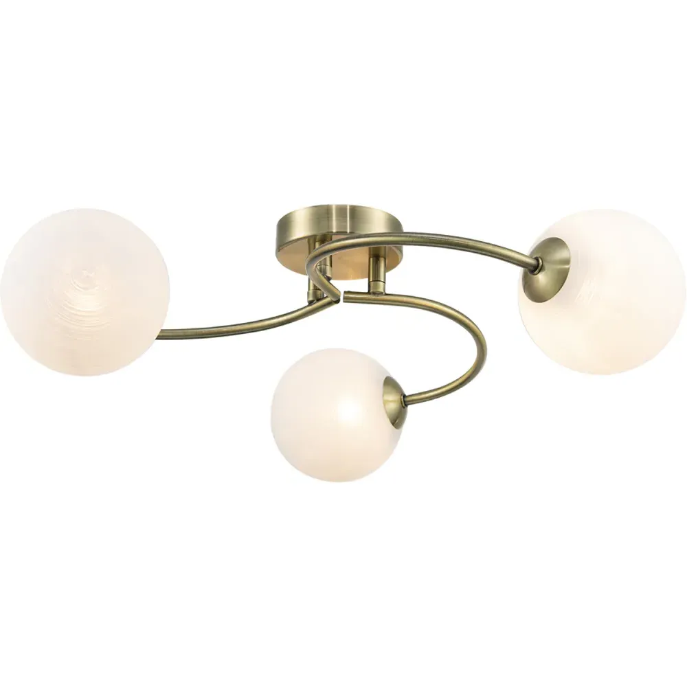 3 Arm Ceiling Light with Swirl Glass Spheres - Gold, Brass