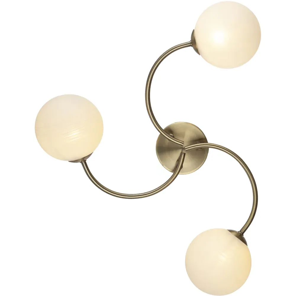3 Arm Ceiling Light with Swirl Glass Spheres - Gold, Brass