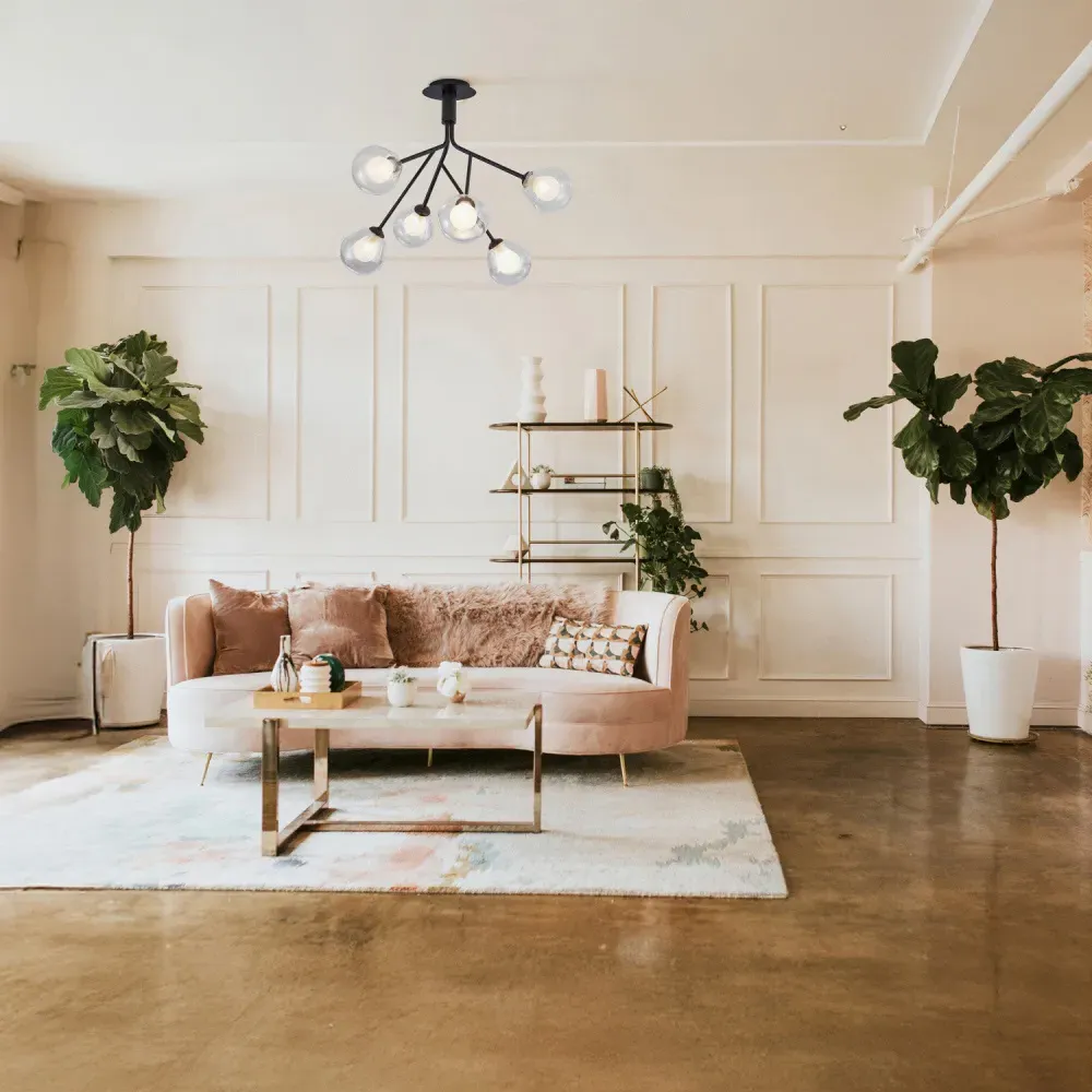 6 Arm Matte Black Ceiling Light with Glass Shade - Black