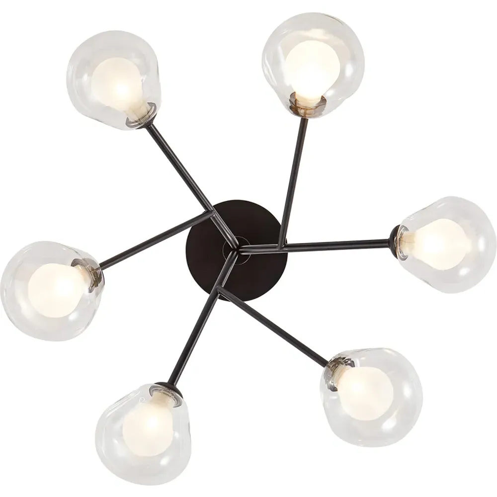 6 Arm Matte Black Ceiling Light with Glass Shade - Black
