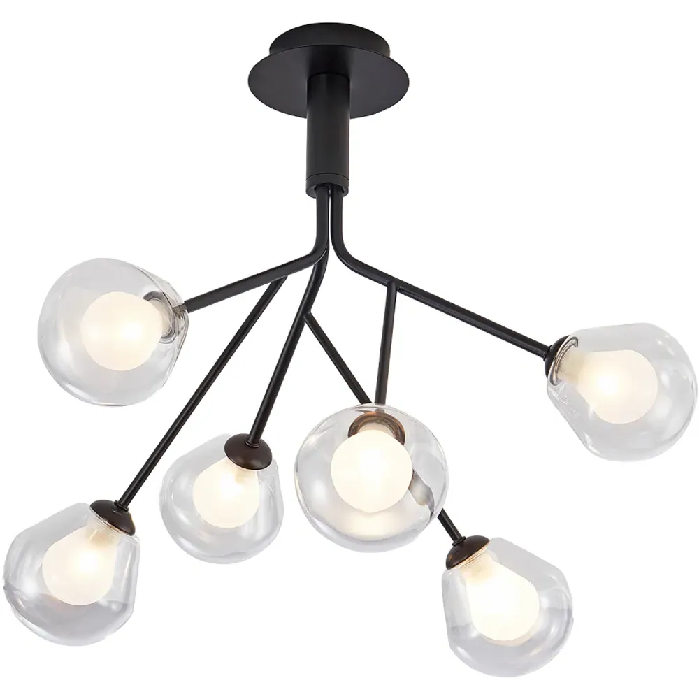 6 Arm Matte Black Ceiling Light with Glass Shade - Black