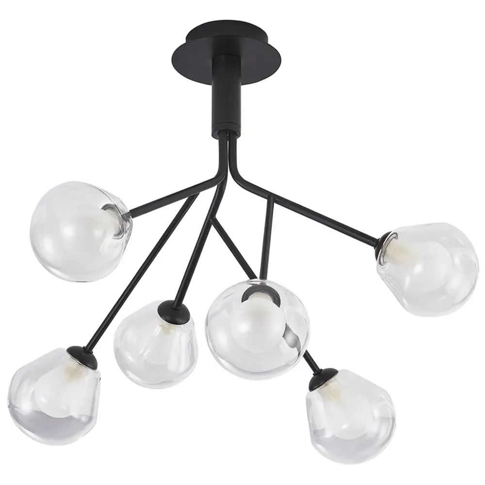 6 Arm Matte Black Ceiling Light with Glass Shade - Black image