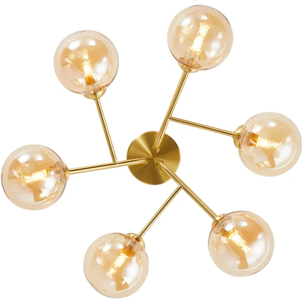 6 Arm Satin Gold Ceiling Light with Glass Shade - Gold