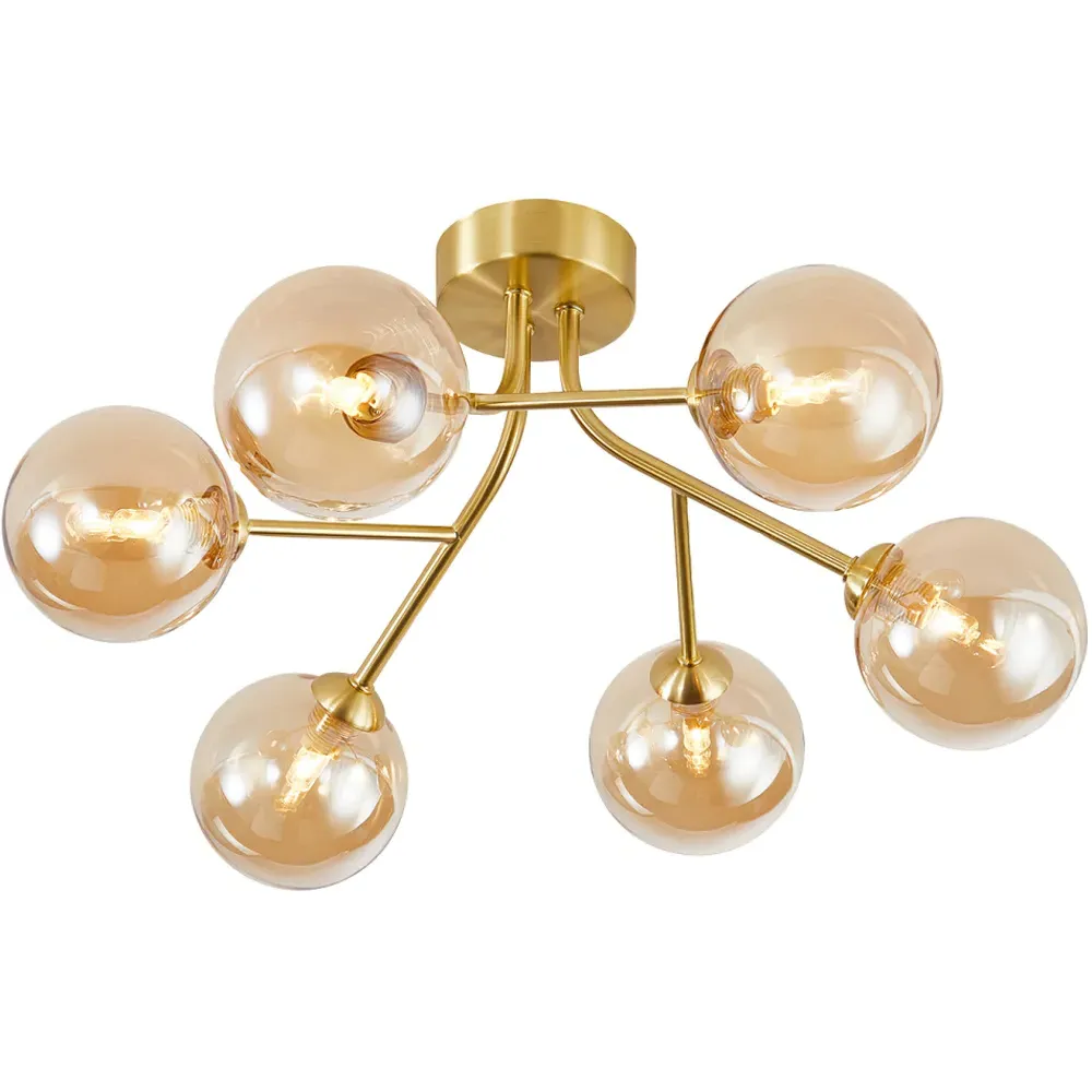 6 Arm Satin Gold Ceiling Light with Glass Shade - Gold