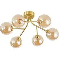 6 Arm Satin Gold Ceiling Light with Glass Shade - Gold
