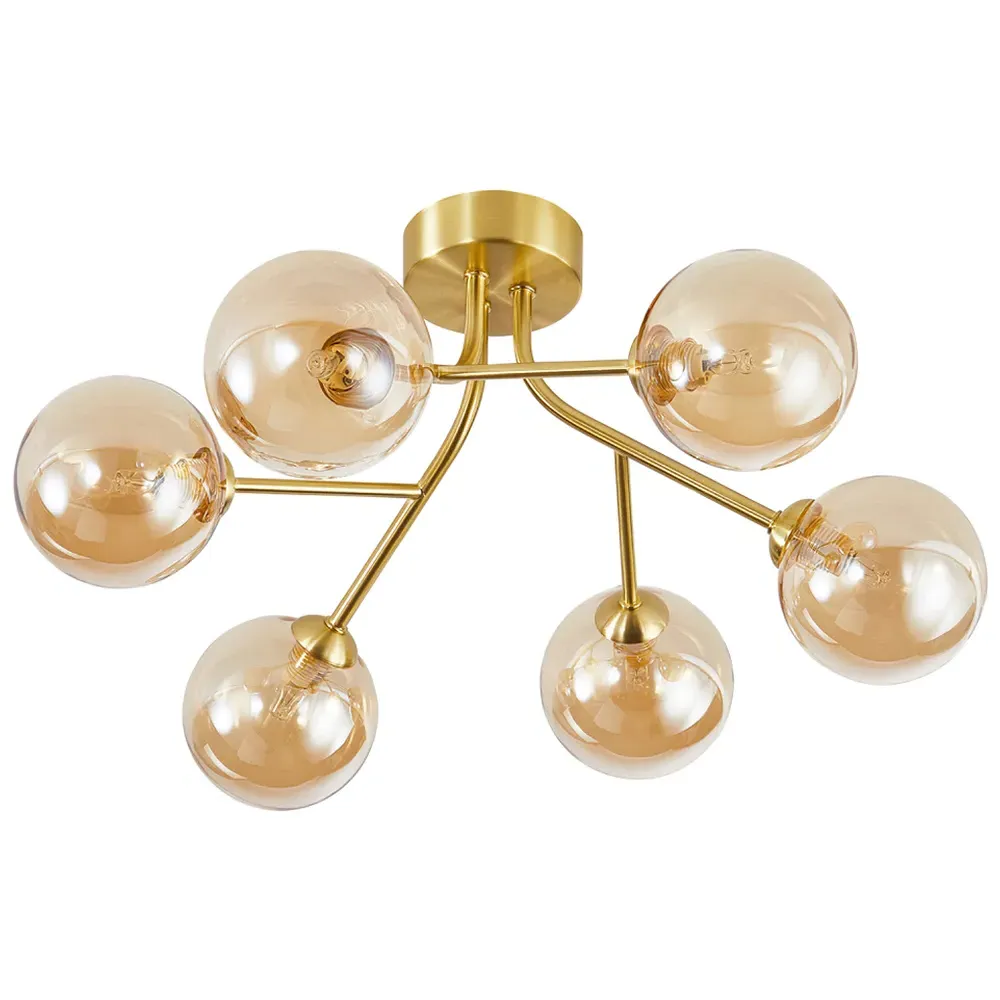 6 Arm Satin Gold Ceiling Light with Glass Shade - Gold