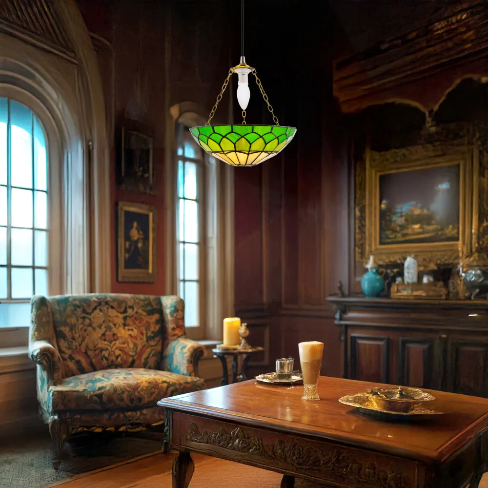 Amber and Green Stained Glass Domed Pendant Lamp Shade