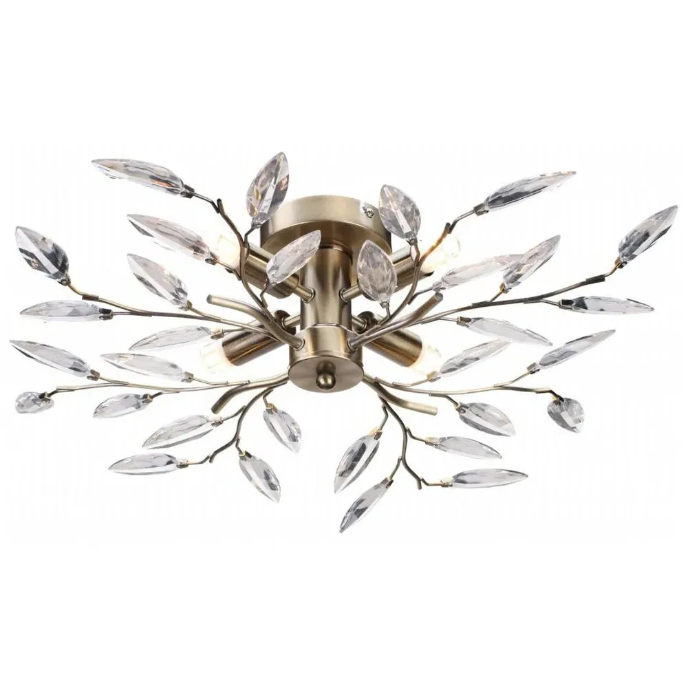 Birch 4 Light Semi Flush Ceiling Light with Clear Leaves - Gold