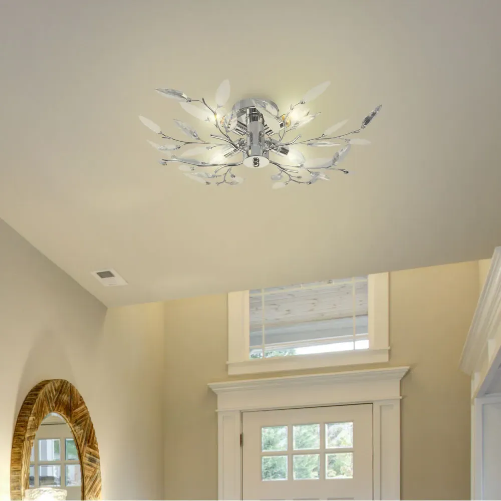 Birch Semi Flush Ceiling Light with Clear and White Leaves - Silver