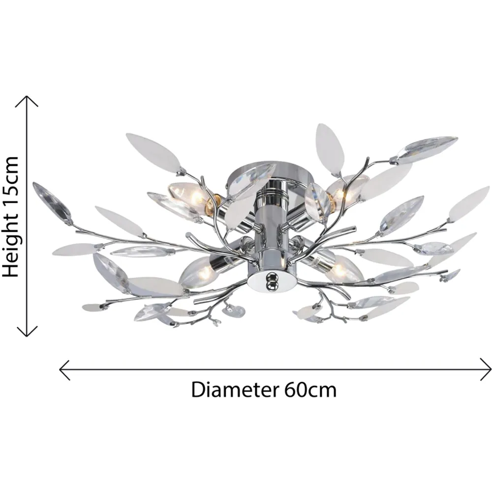 Birch Semi Flush Ceiling Light with Clear and White Leaves - Silver