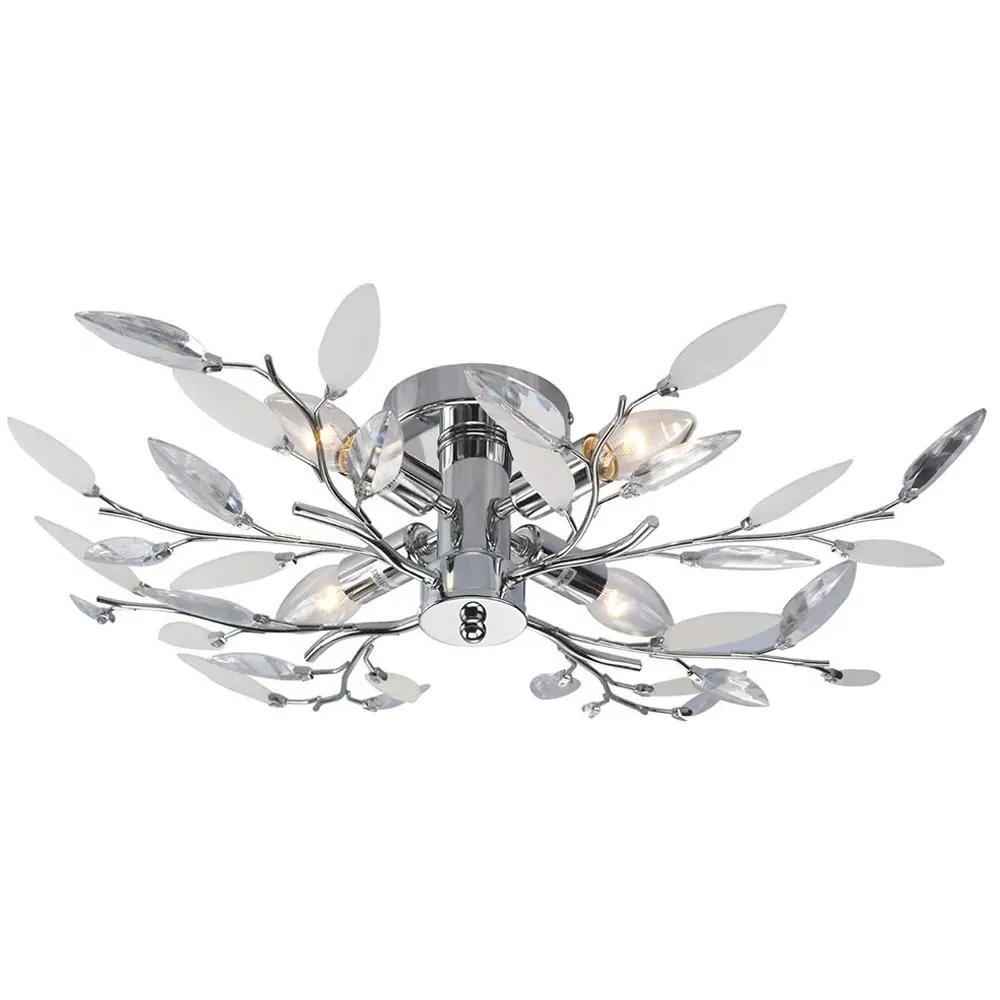 Birch Semi Flush Ceiling Light with Clear and White Leaves - Silver image