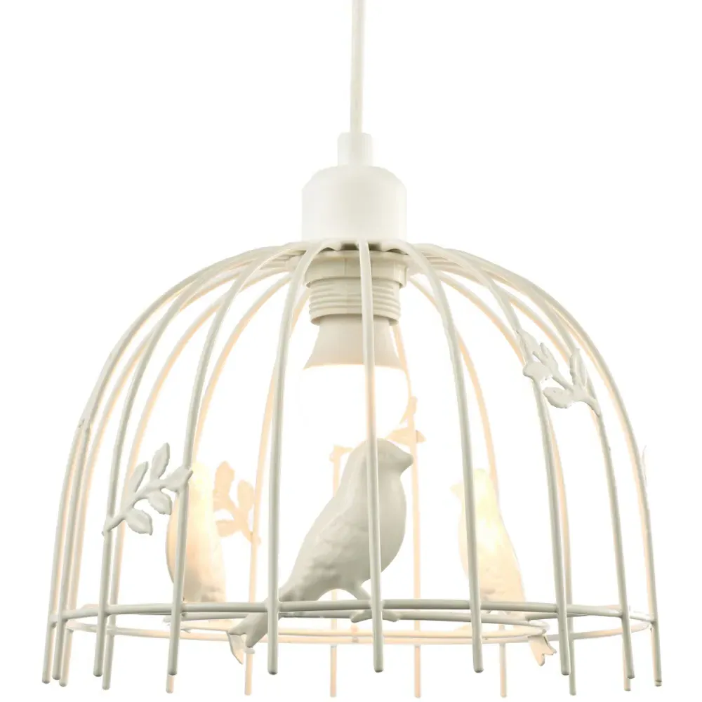 Birdcage Pendant Shade with Birds and Leaves - White, Metal