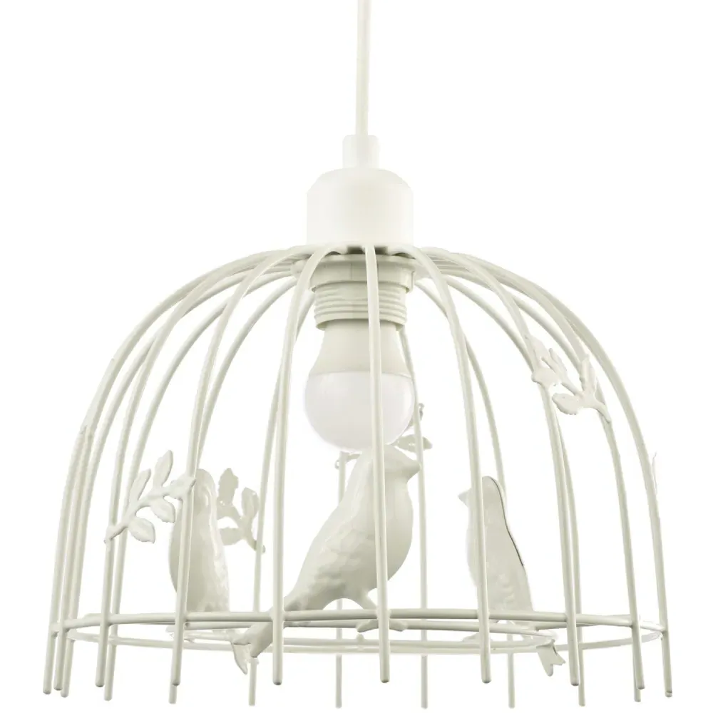Birdcage Pendant Shade with Birds and Leaves - White, Metal