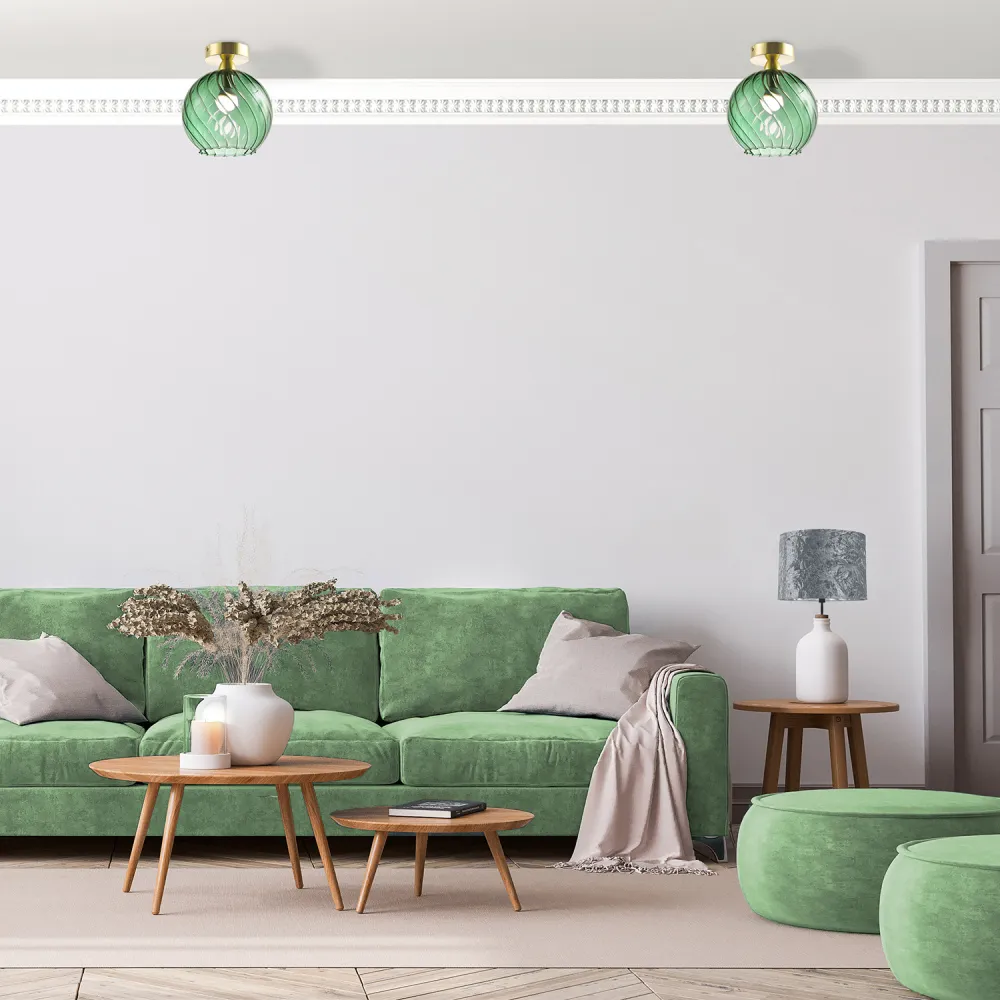 Brushed Gold Ceiling Light with Glass Shade - Green