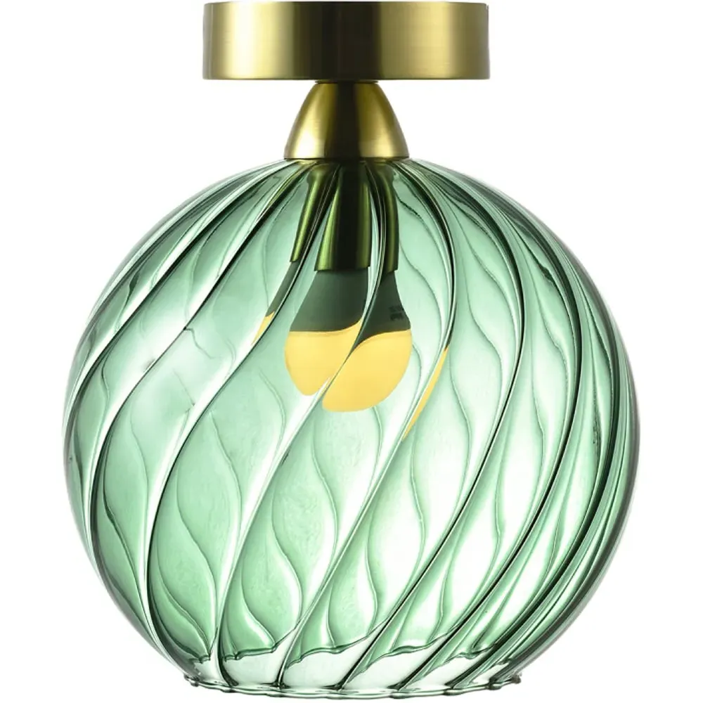 Brushed Gold Ceiling Light with Glass Shade - Green