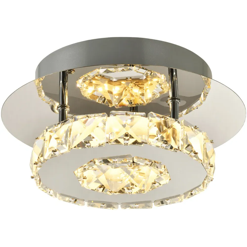 Chrome Round LED Ceiling Light with Crystal Glass - Silver