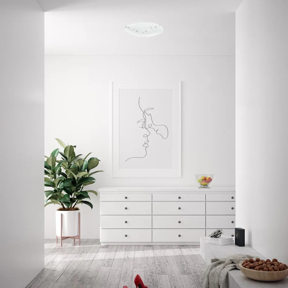 Circular Flush Ceiling Light with Crystal Buttons - White, Glass