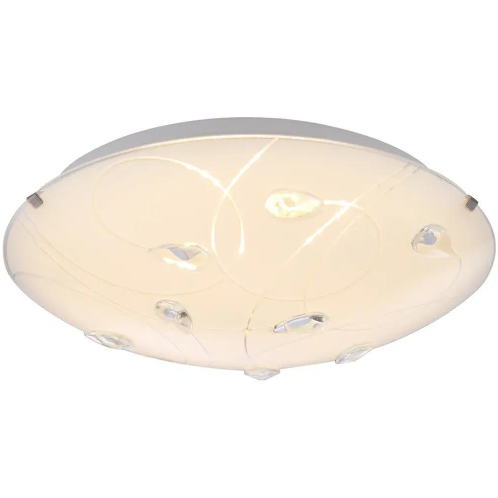 Circular Flush Ceiling Light with Crystal Drops - White, Glass