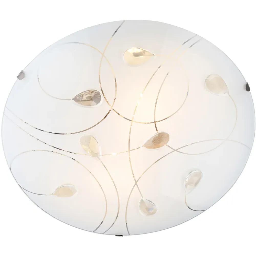 Circular Flush Ceiling Light with Crystal Drops - White, Glass