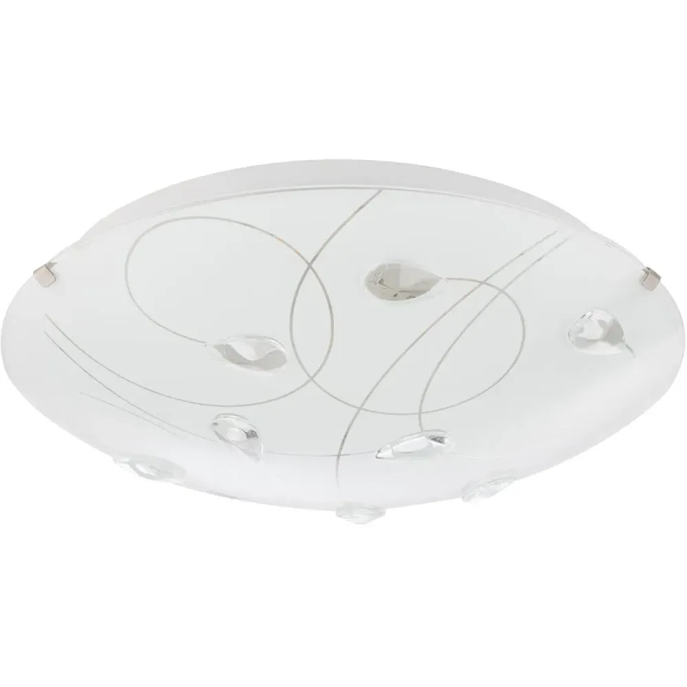 Circular Flush Ceiling Light with Crystal Drops - White, Glass