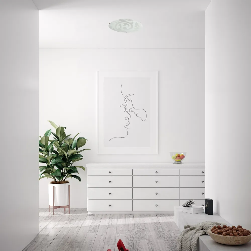 Circular Flush Ceiling Light with Floral Design - White