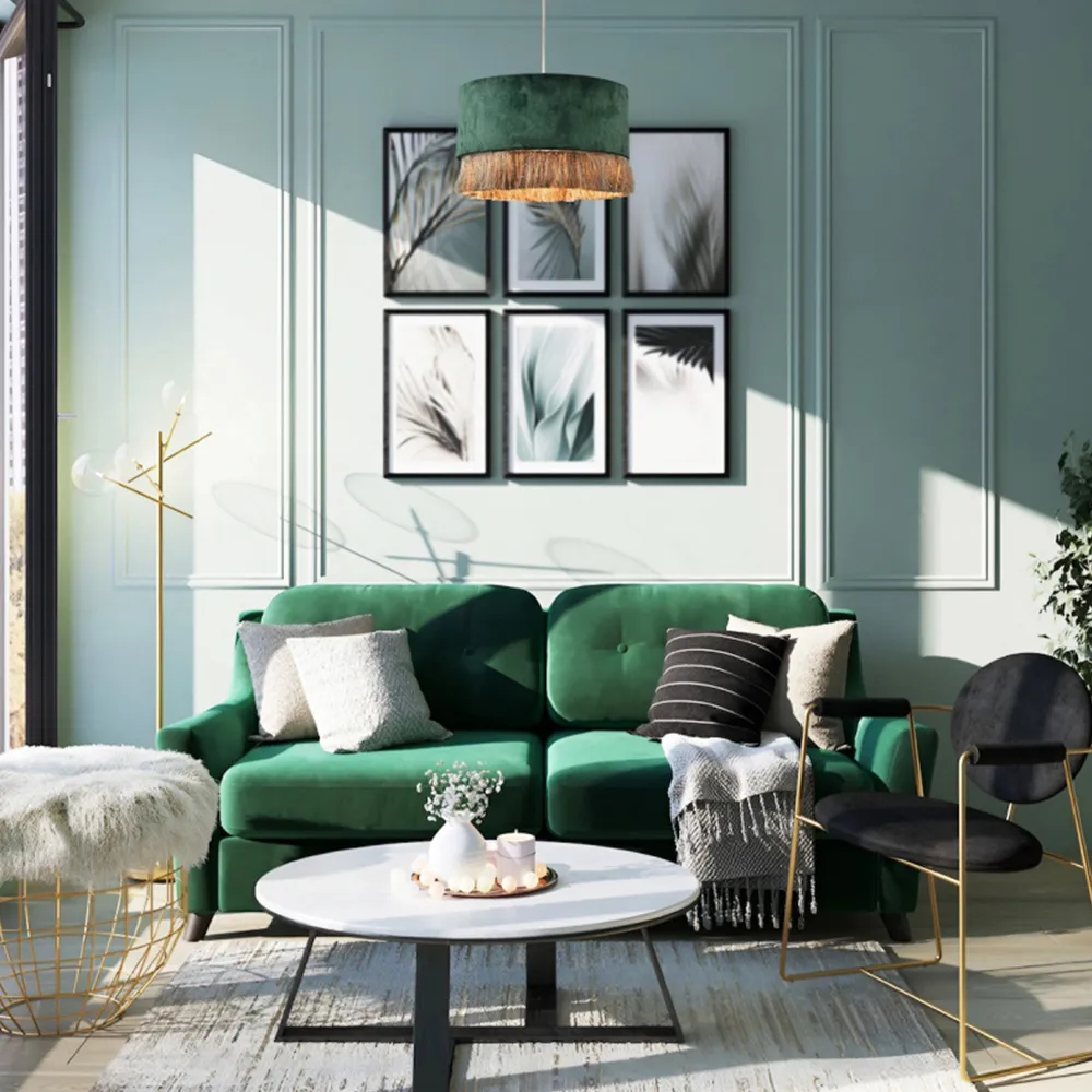 Circular Pendant Shade with Tassels - Forest Green, Velvet