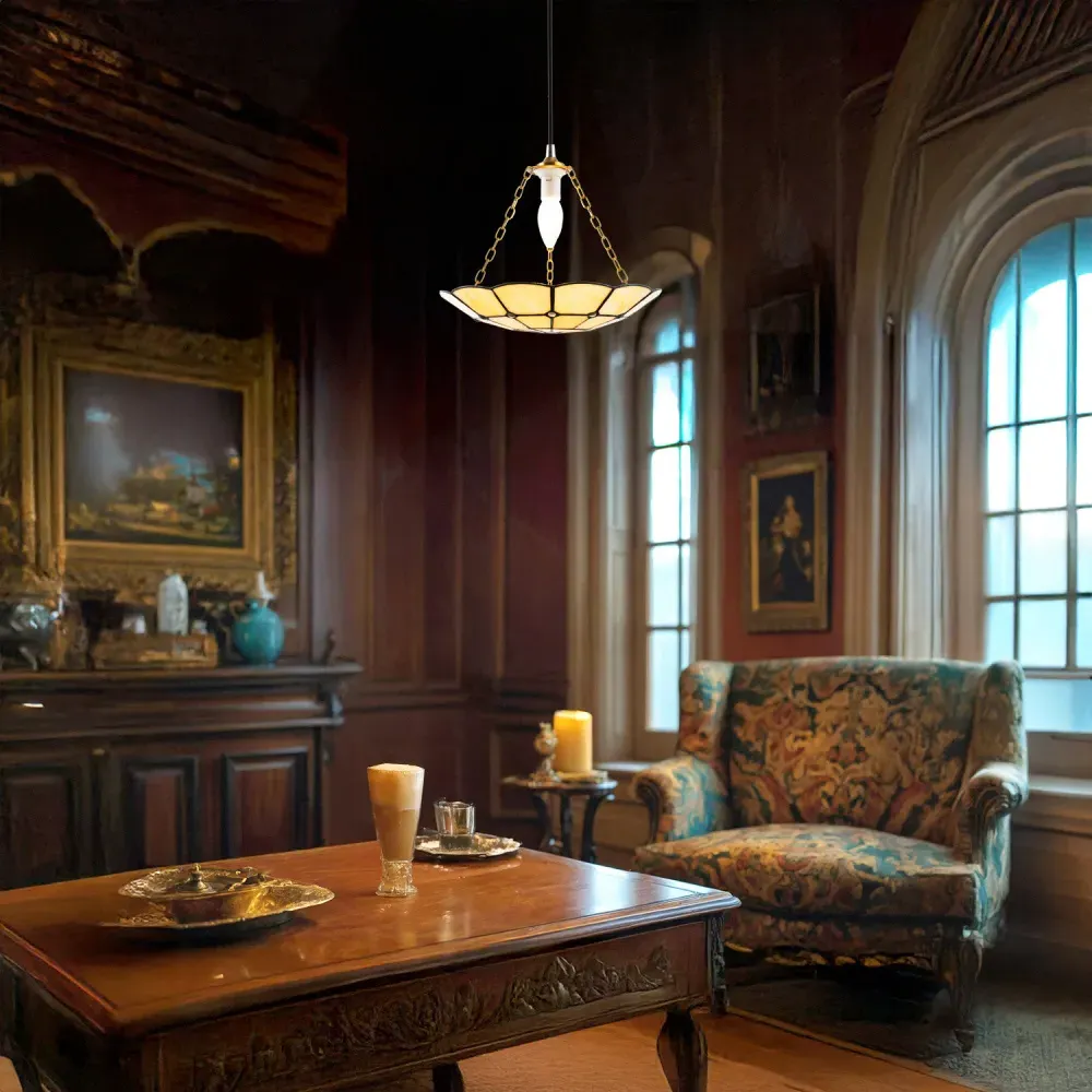 Circular Tiffany Stained Glass Pendant Shade - Cream, Glass